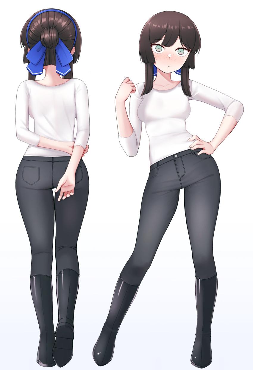 1girl, absurdres, alternate_costume, black_hair, black_pants, blue_ribbon, casual, commission