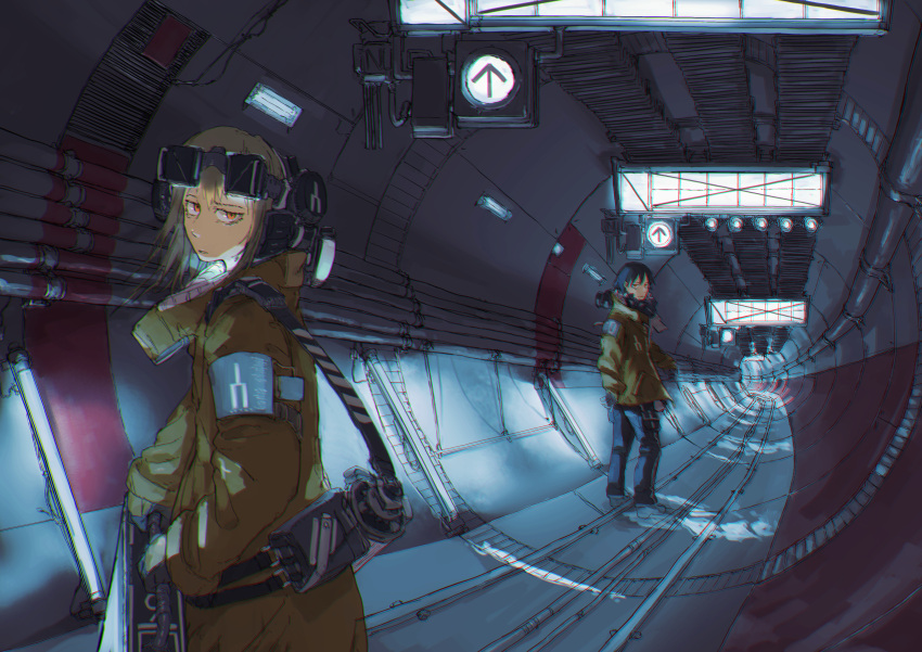 1boy, 1girl, absurdres, arrow_(symbol), black_gloves, black_hair, blonde_hair, ceiling_light