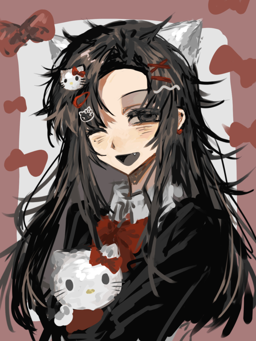 1girl, ;d, animal_ears, black_eyes, black_hair, black_jacket, black_tongue, bow