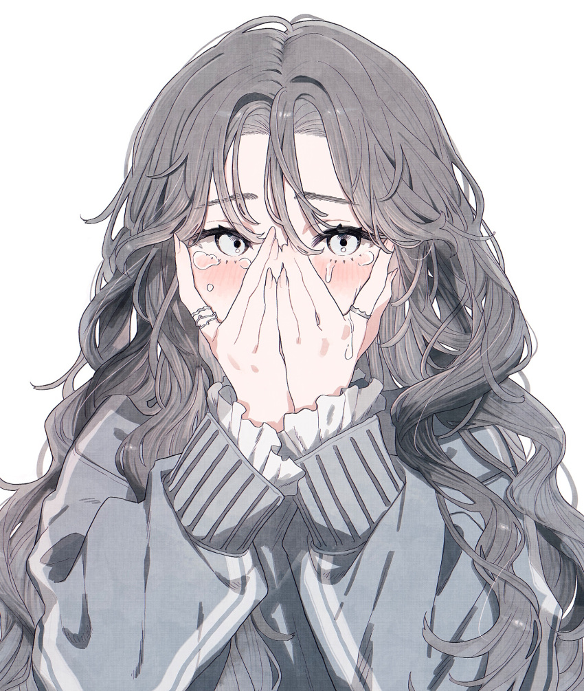 1girl, blush, crying, crying_with_eyes_open, grey_hair, grey_jacket, hair_between_eyes, hands_on_own_face, highres, jacket, jewelry, long_hair, long_sleeves, looking_at_viewer, multiple_rings, original, parted_hair, peeking_out, ring, shirt, sidelocks, simple_background, sleeve_cuffs, solo, straight-on, striped_clothes, striped_jacket, takaya_riku, tears, upper_body, wavy_hair, white_background, white_shirt