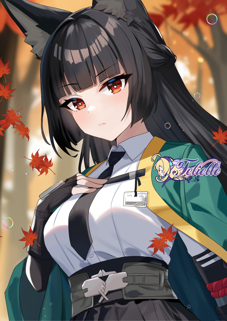 1girl, animal_ear_fluff, animal_ears, black_hair, black_necktie, blunt_bangs, breasts, felielle