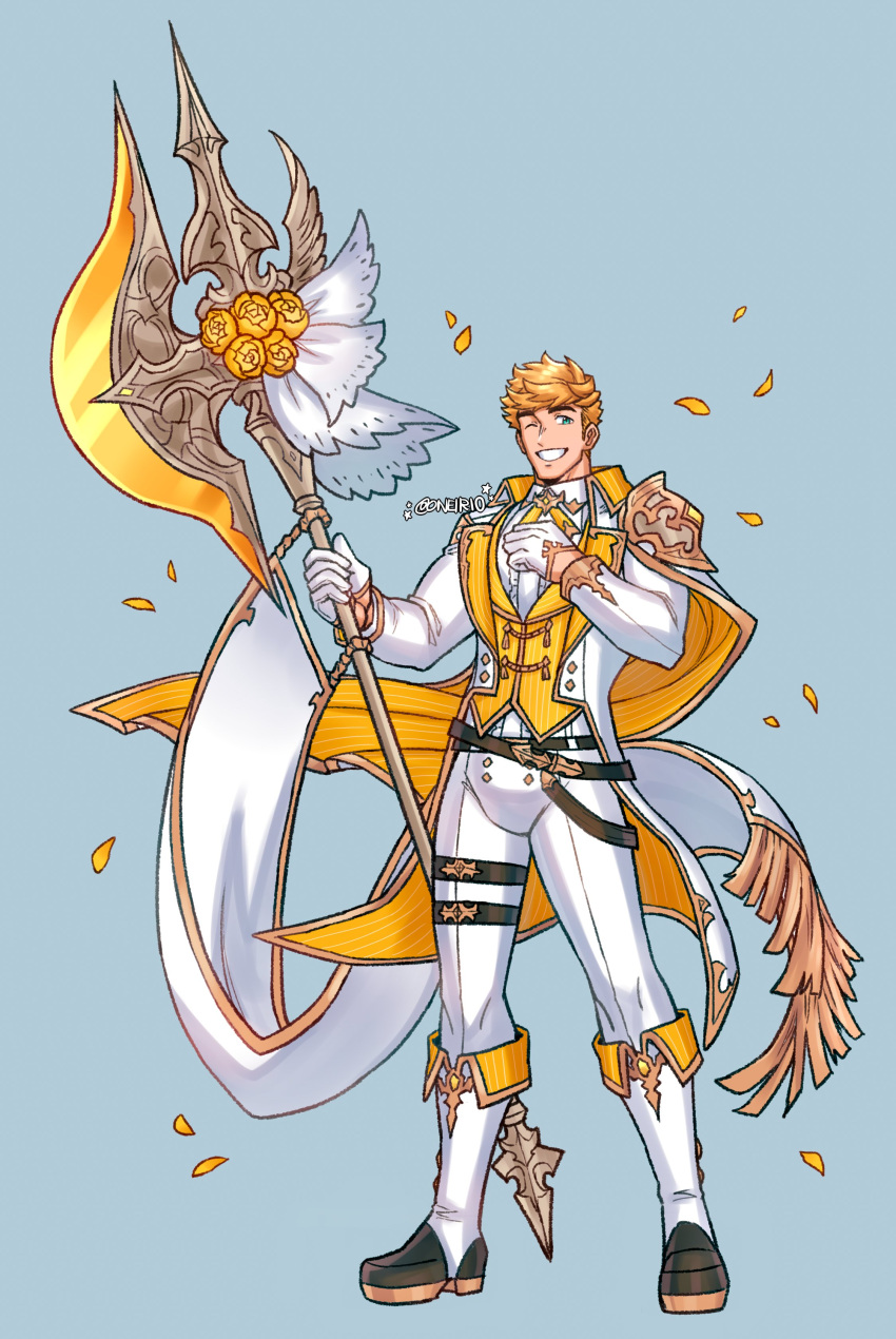 1boy, absurdres, axe, battle_axe, boots, falling_petals, gloves, granblue_fantasy