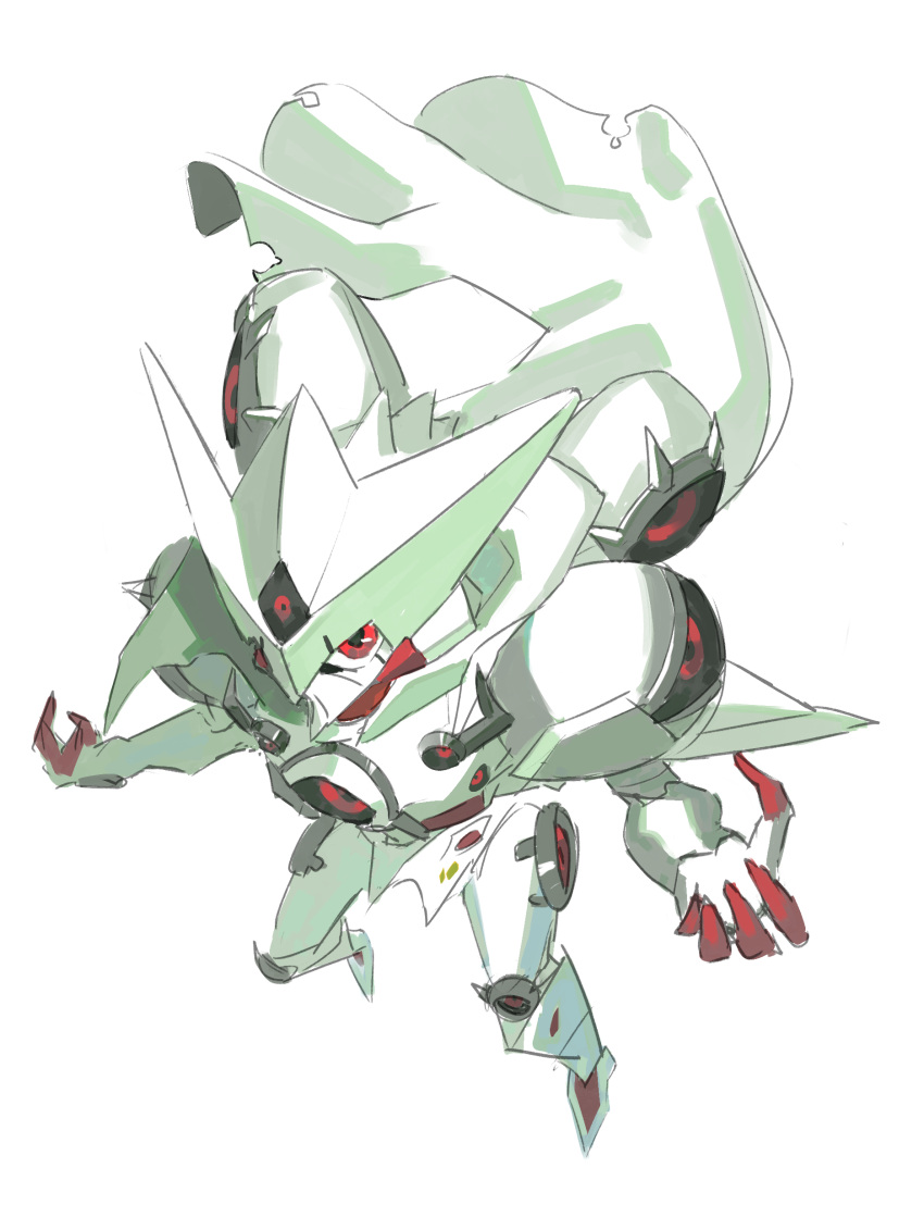 765_nanami, absurdres, appmon, armor, black_sclera, cape, charismon, colored_sclera, digimon, digimon_universe:_appli_monsters, extra_eyes, from_above, full_armor, full_body, hands_up, highres, horns, red_eyes, white_armor, white_cape