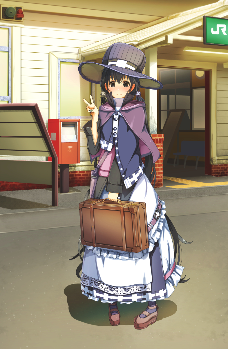 1girl, aiuabo, bag, belt, belt_buckle, black_hair, black_ribbon, black_shirt