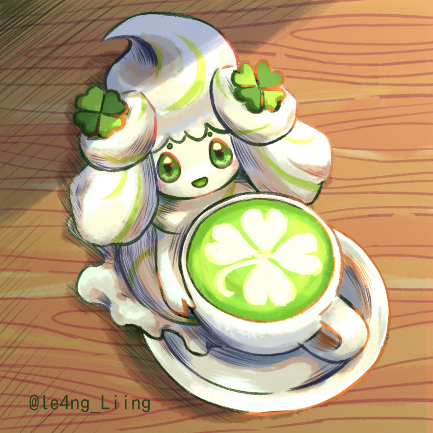 :d, absurdres, alcremie, alcremie_(clover_sweet), commentary_request, cup, green_eyes, happy, highres, holding, holding_cup, le4ng_liing, looking_up, no_humans, open_mouth, pokemon, pokemon_(creature), saucer, smile, solo, teacup, twitter_username, watermark