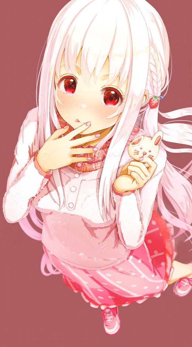 1girl, :p, aiuabo, animal-themed_food, blush, closed_mouth, commentary_request, dress_shirt