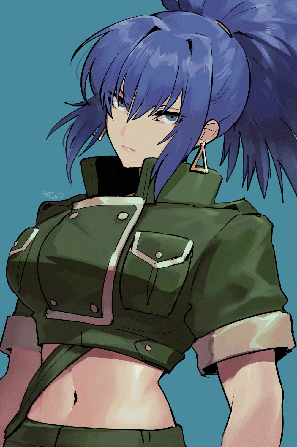1girl, blue_eyes, blue_hair, closed_mouth, earrings, green_jacket, highres, jacket, jewelry, leona_heidern, midriff, military, military_uniform, navel, ponytail, ryo_yo_shi, short_sleeves, simple_background, soldier, solo, suspenders, the_king_of_fighters, the_king_of_fighters_xv, triangle_earrings