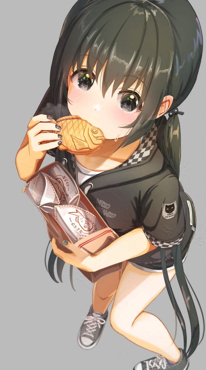 1girl, aiuabo, bag, black_eyes, black_footwear, black_hair, black_hoodie, black_nails