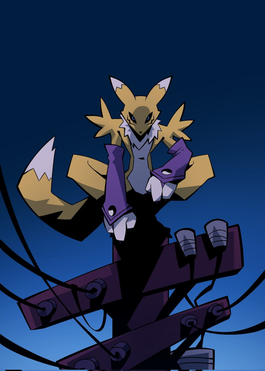 black_sclera, blue_eyes, body_fur, colored_sclera, digimon, digimon_(creature), facial_mark, fox_girl, furry, highres, looking_at_viewer, neck_fur, night, night_sky, perching, power_lines, purple_sleeves, renamon, sky, snout, squatting, tillo_(digitaltillo), two-tone_fur, utility_pole, white_fur, yellow_fur, yin_yang