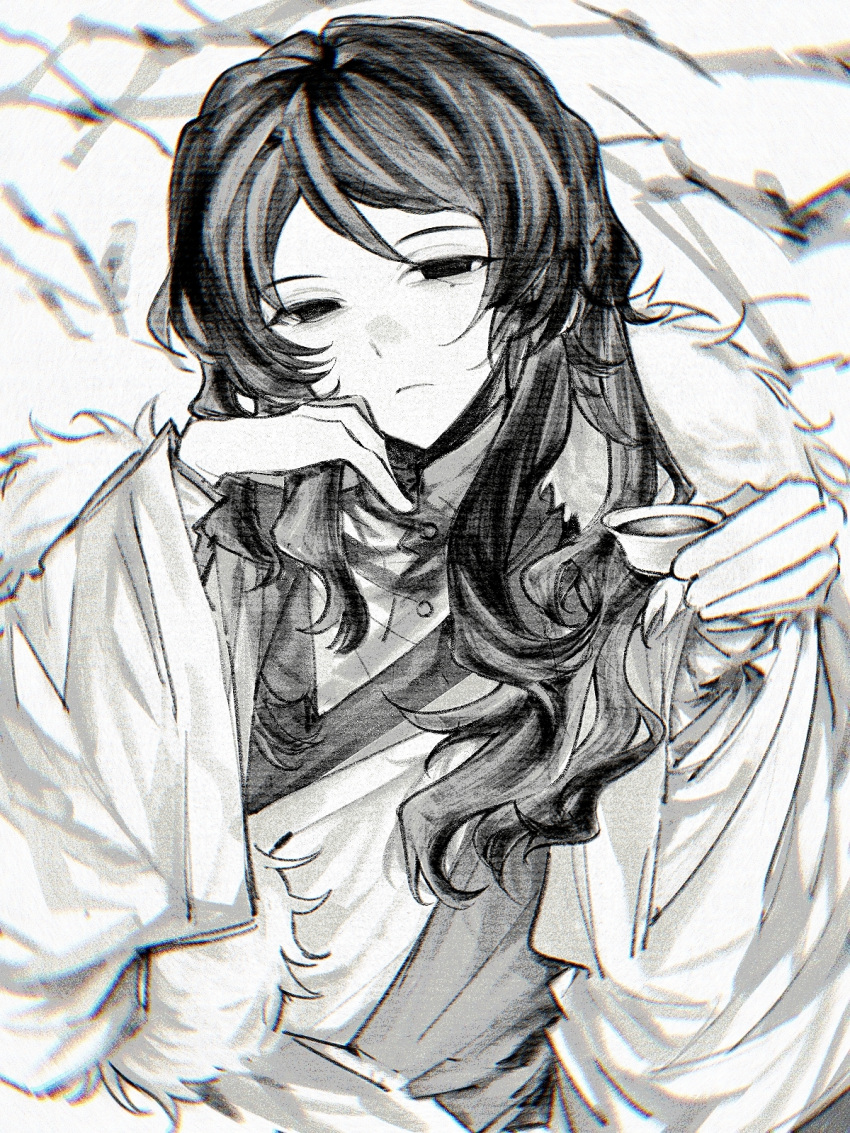 1boy, chinese_clothes, chromatic_aberration, closed_mouth, cup, film_grain, frown, greyscale, hanfu, highres, holding, holding_cup, long_hair, long_sleeves, looking_at_viewer, luan_zhiyun, male_focus, mole, mole_under_eye, monochrome, solo, songhuayameijiyumao, touqi_guaitan, upper_body, wide_sleeves