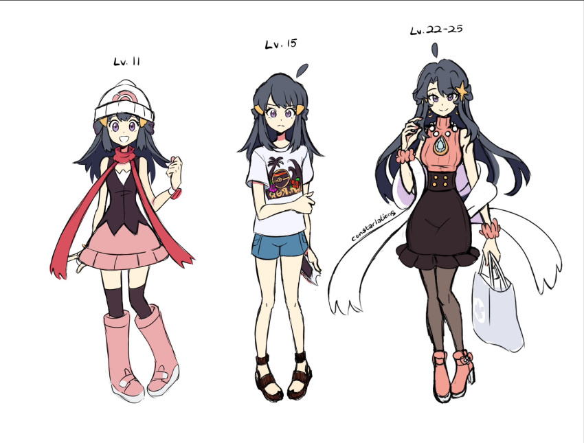 1girl, age_progression, akari_(pokemon), beanie, black_footwear, black_hair, boots, closed_mouth