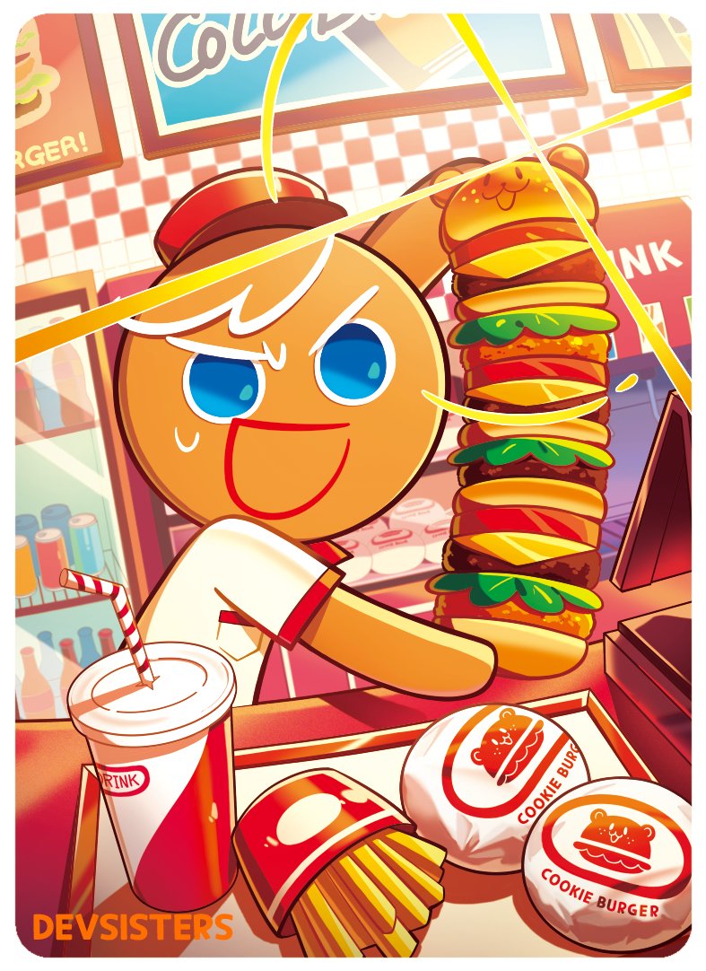 1boy, :3, :d, blue_eyes, burger, can, checkered_wall, chibi