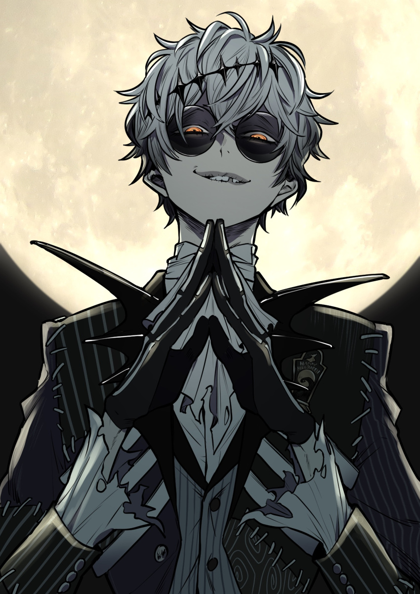 1boy, bishounen, black_crown, crown, diamond_hairband, formal, full_moon, gloves
