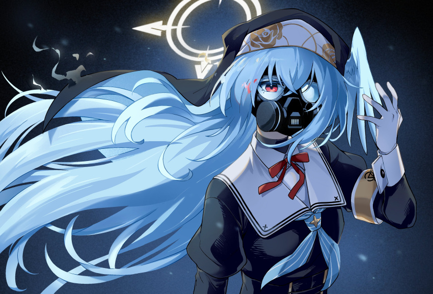 1girl, absurdres, armband, blue_archive, commission, floating_hair, gas_mask, gehenna_academy_logo