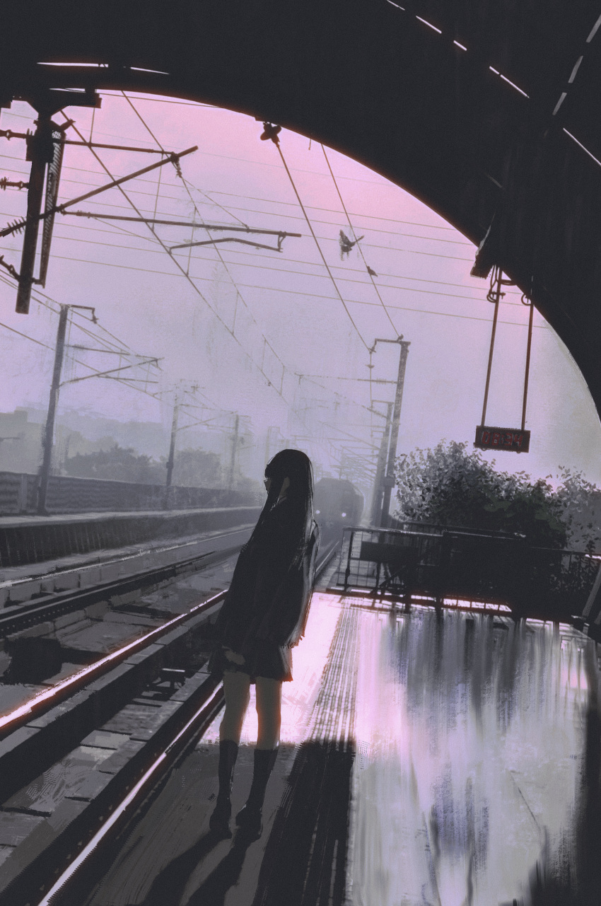 1girl, absurdres, backlighting, black_footwear, black_hair, black_jacket, black_skirt, black_socks, clouds, cloudy_sky, commentary_request, dutch_angle, from_behind, from_side, highres, jacket, long_hair, original, parted_lips, power_lines, profile, railroad_tracks, shadow, shiej007, skirt, sky, socks, solo, standing, train, train_station, wide_shot