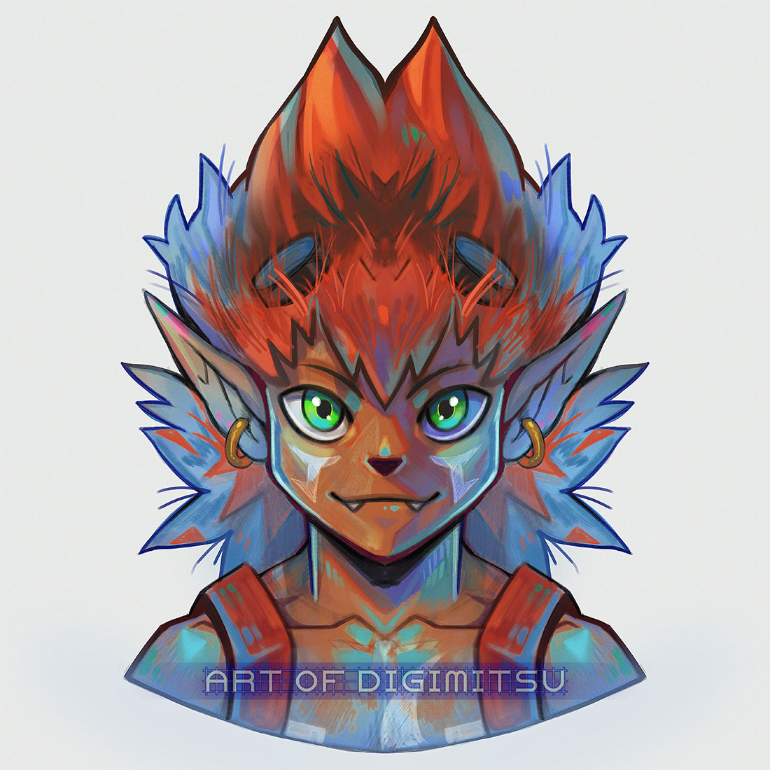 1boy, big_hair, broken_horn, broken_horns, digimitsuart, digimon, digimon_(creature), earrings