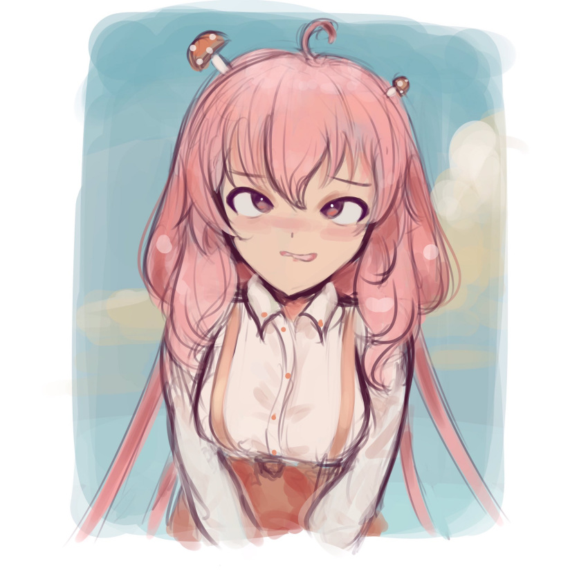 1girl, ahoge, alchemilla_menace, allison_lain, biting_own_lip, blue_sky, blush, border, clouds, collared_shirt, dot_nose, hair_between_eyes, high-waist_skirt, highres, indie_virtual_youtuber, long_sleeves, looking_at_viewer, medium_hair, mushroom, mushroom_on_head, purple_hair, red_skirt, shirt, skirt, sky, suspenders, violet_eyes, virtual_youtuber, white_border, white_shirt