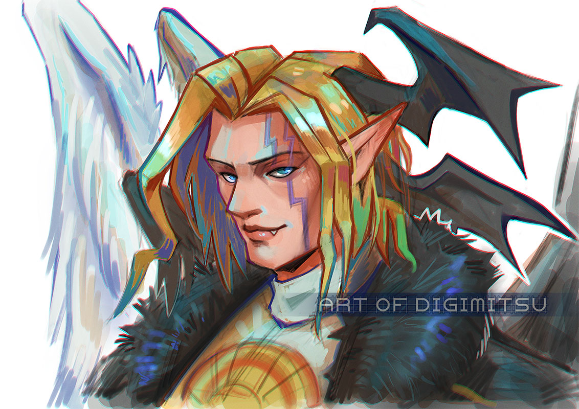 1boy, angel_wings, asymmetrical_wings, bat_wings, black_jacket, black_wings, blonde_hair, blue_eyes