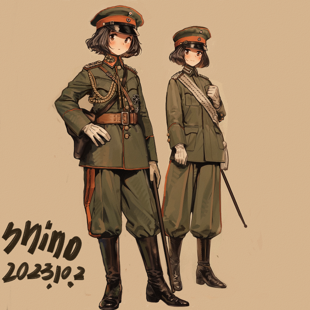 1girl, 2girls, belt, boots, brown_eyes, brown_hair, commentary, cross, epaulettes, gloves, hat, imperial_japanese_army, imperial_japanese_navy, iron_cross, long_fall_boots, military, military_uniform, multiple_girls, original, peaked_cap, shino_(ling3ch), short_hair, soldier, sword, translated, weapon