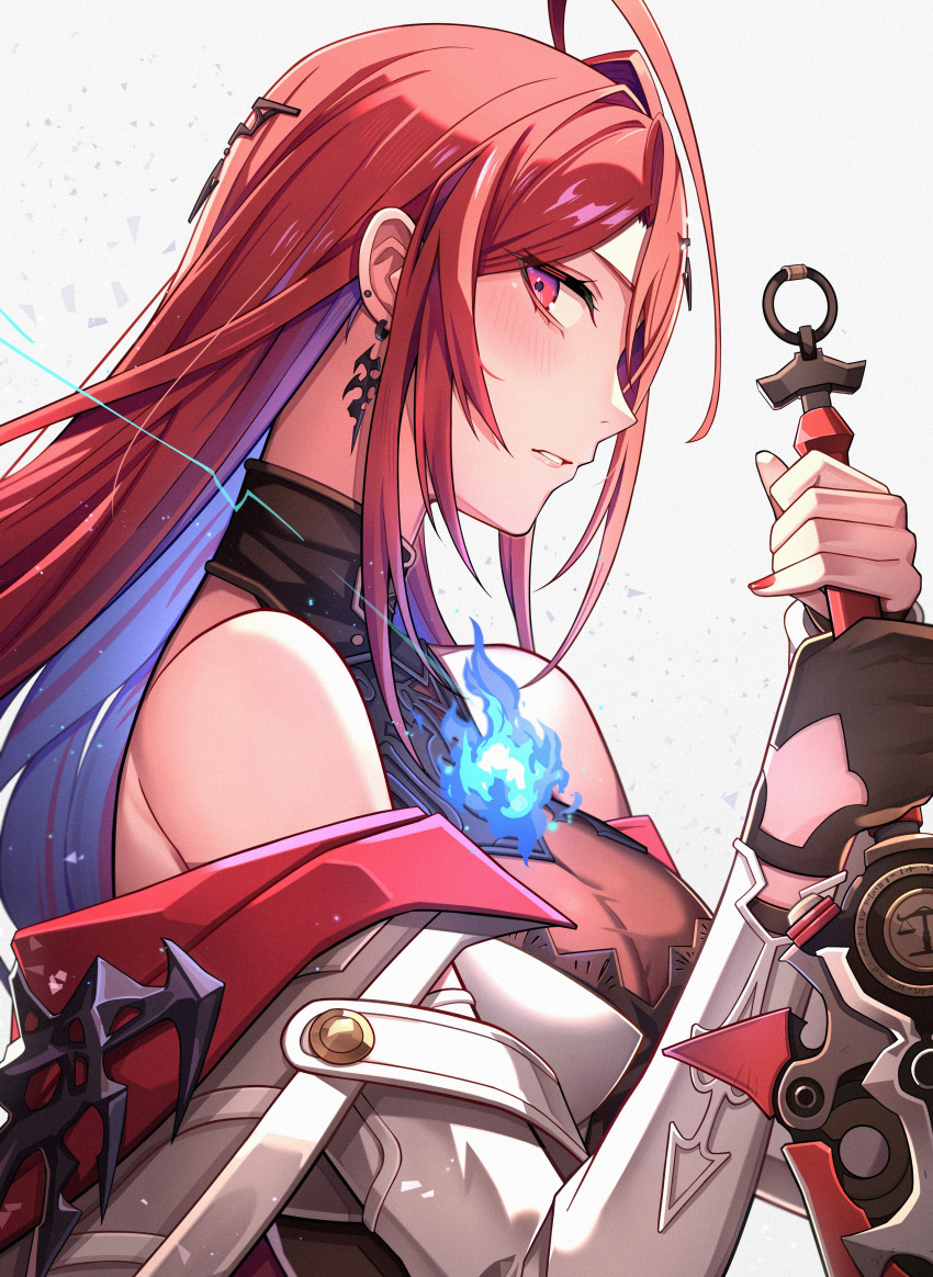1girl, absurdres, ahoge, blue_fire, breasts, earrings, elizabeth_rose_bloodflame, fire