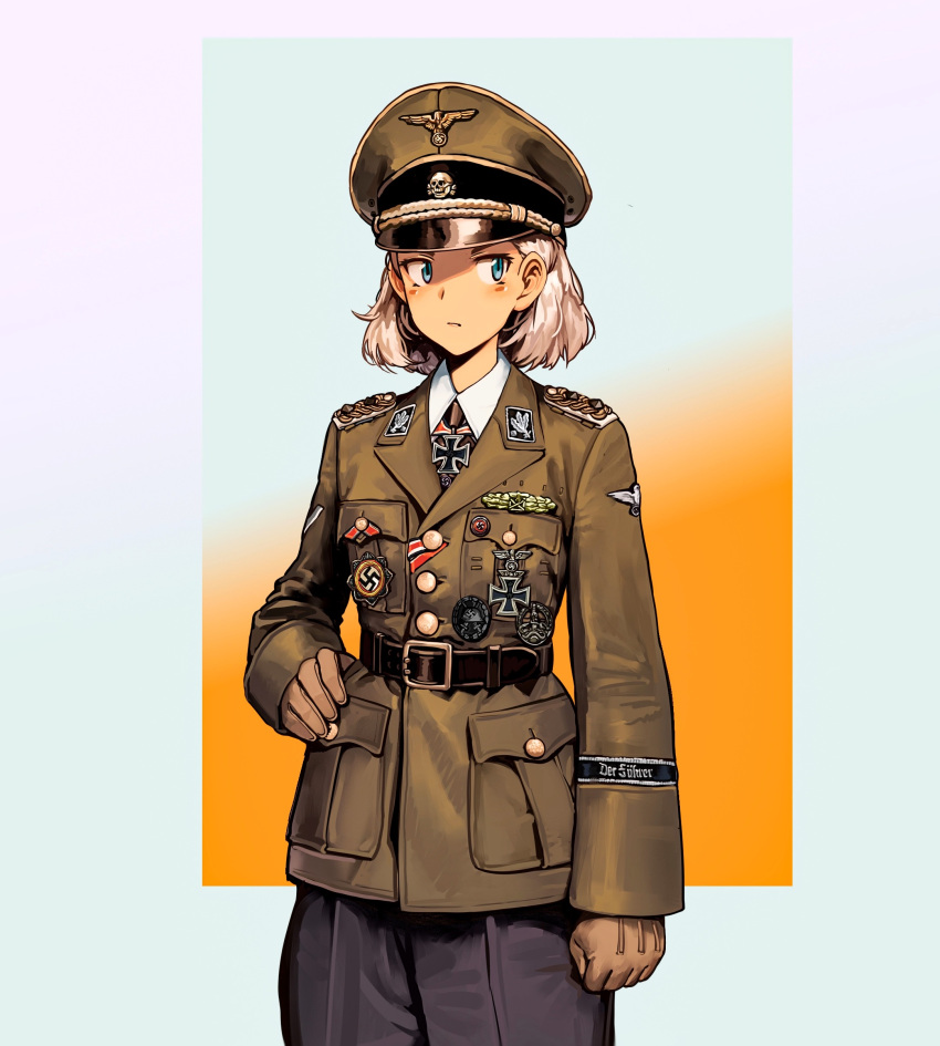 1girl, absurdres, belt, blue_eyes, cross, german_text, gloves, hat
