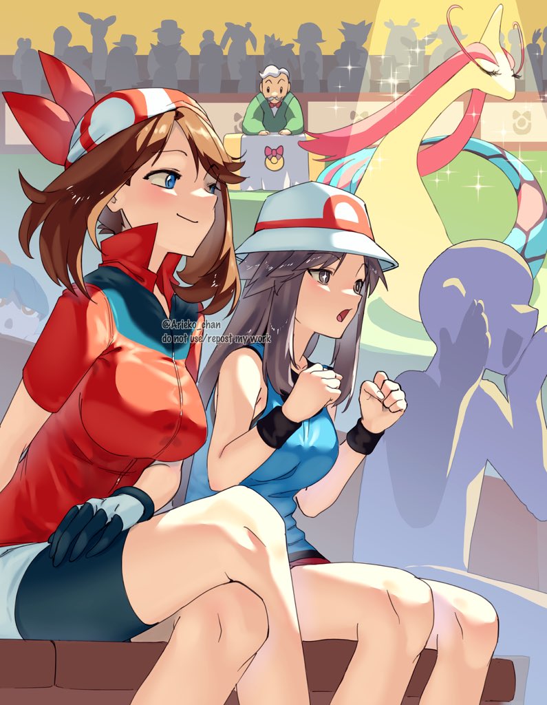 1boy, 2girls, ariekochan, audience, bandana, bare_shoulders, blue_eyes, blue_shirt