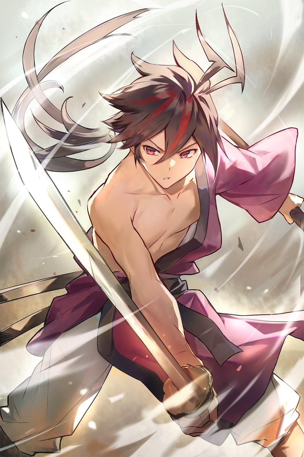 1boy, aged_down, black_hair, highres, holding, holding_sword, holding_weapon, japanese_clothes