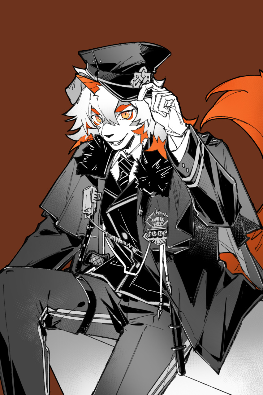 1boy, arknights, badge, baton_(weapon), character_name, chinese_commentary, commentary_request, fur_trim