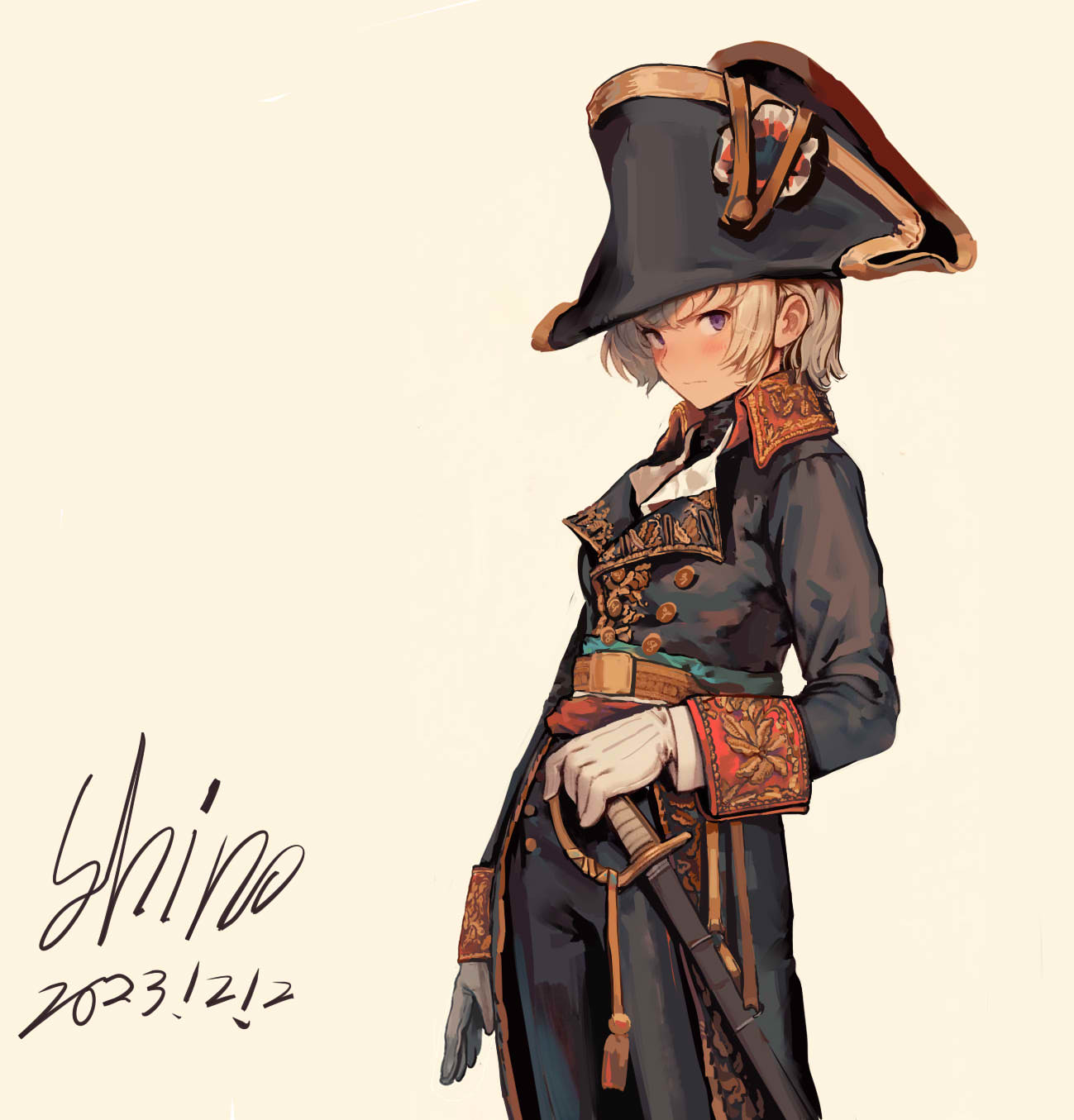 1girl, belt, belt_buckle, bicorne, buckle, epaulettes, france, gloves