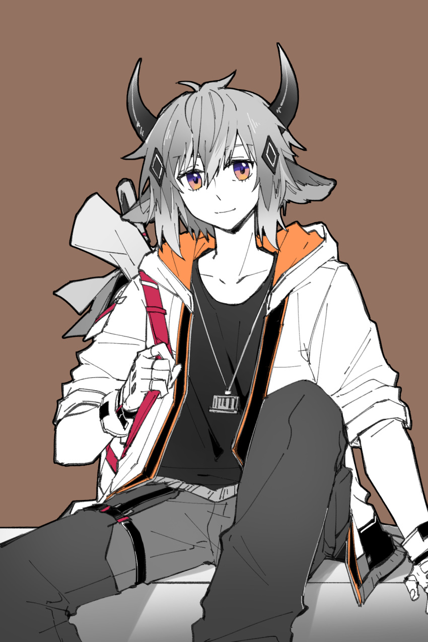 1boy, arknights, bison_(arknights), brown_background, chinese_commentary, commentary_request, cow_horns, fingerless_gloves
