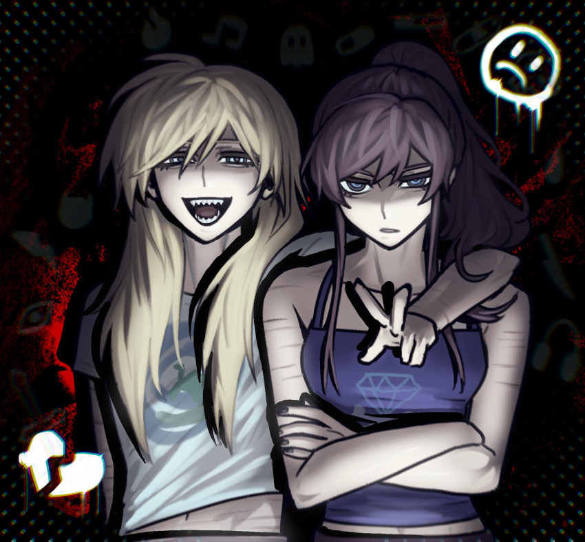 2girls, aqua_shirt, arm_around_neck, black_background, black_hair, black_nails, blue_eyes, blue_tank_top