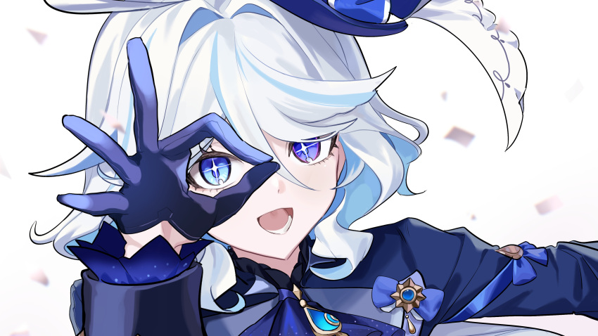 1girl, absurdres, ahoge, ascot, black_gloves, blue_ascot, blue_brooch, blue_eyes