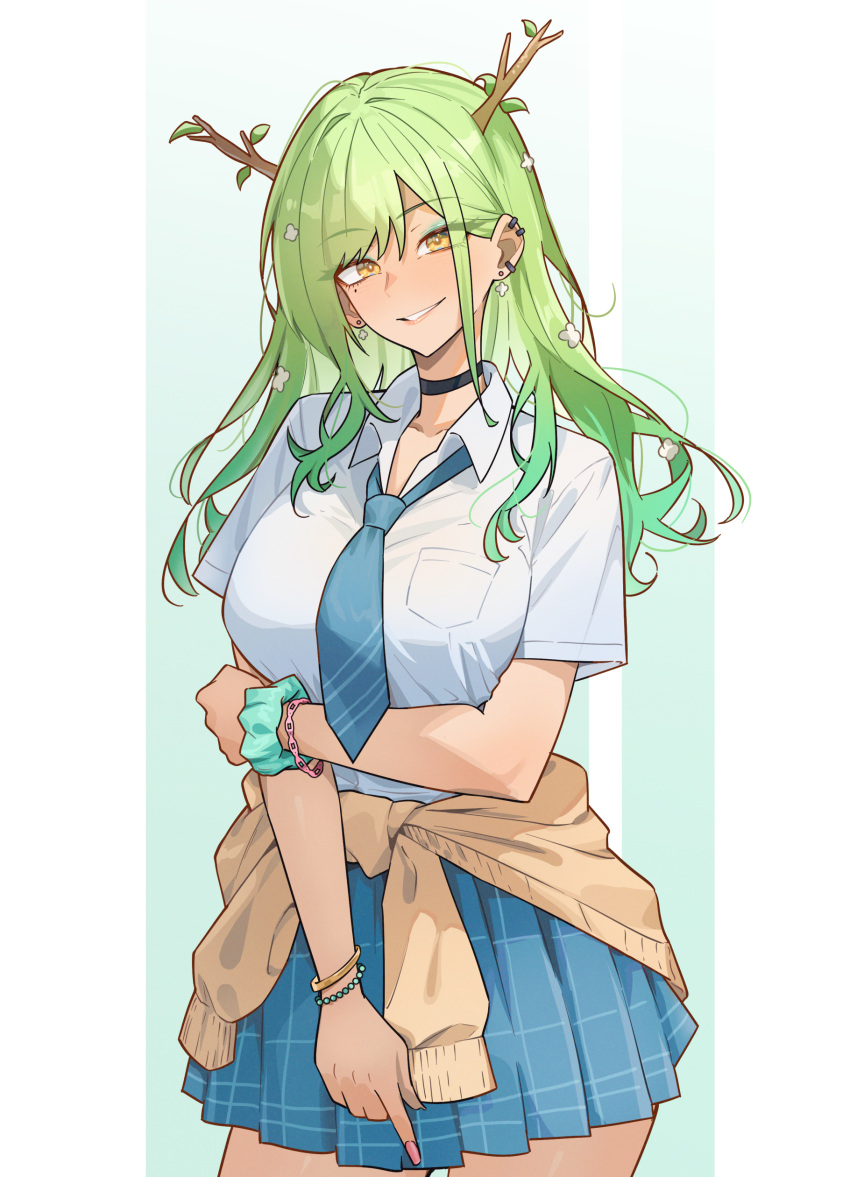 1girl, absurdres, alternate_costume, antlers, black_choker, blue_necktie, blue_scrunchie, breasts