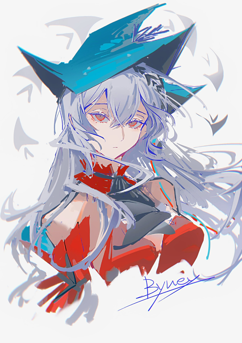 1girl, arknights, ascot, bare_shoulders, black_ascot, blue_hat, breasts, byuey