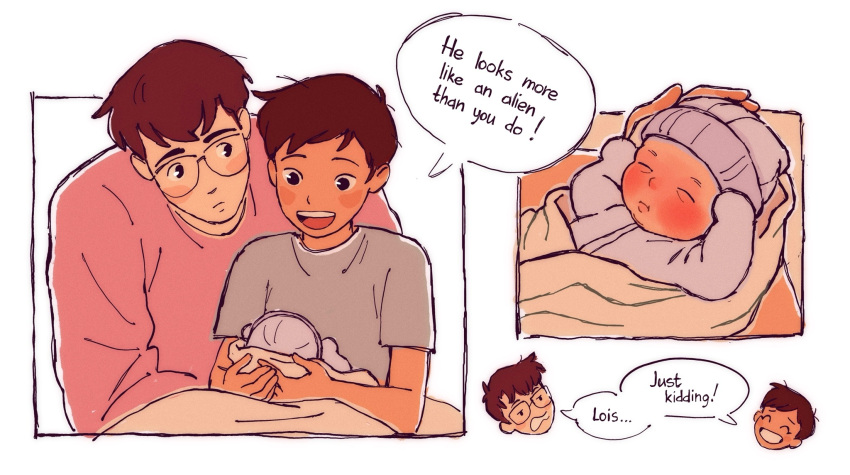 1girl, 2boys, ^_^, baby, black_hair, blush_stickers, brown_eyes, clark_kent