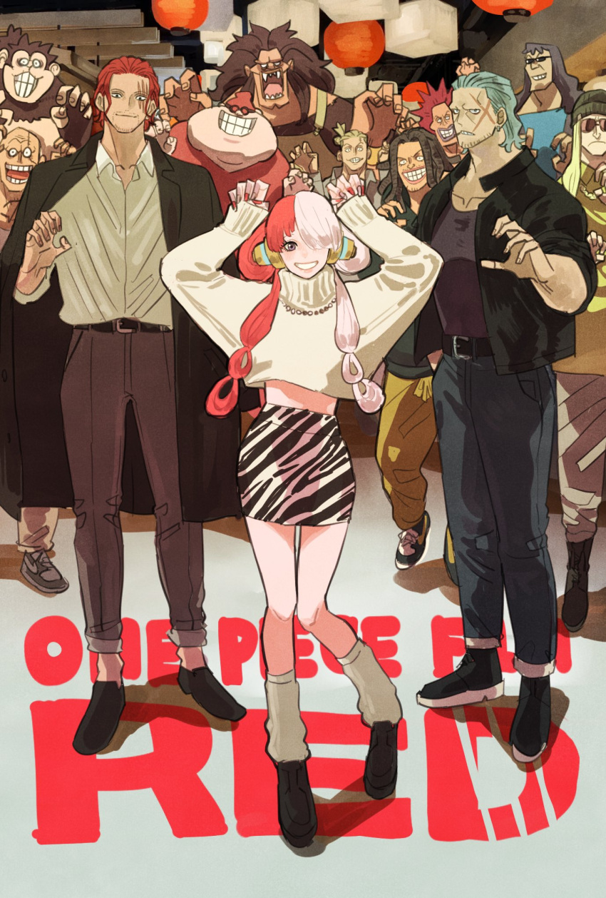 1girl, 6+boys, arms_up, bald, beard_stubble, belt, benn_beckman, blonde_hair