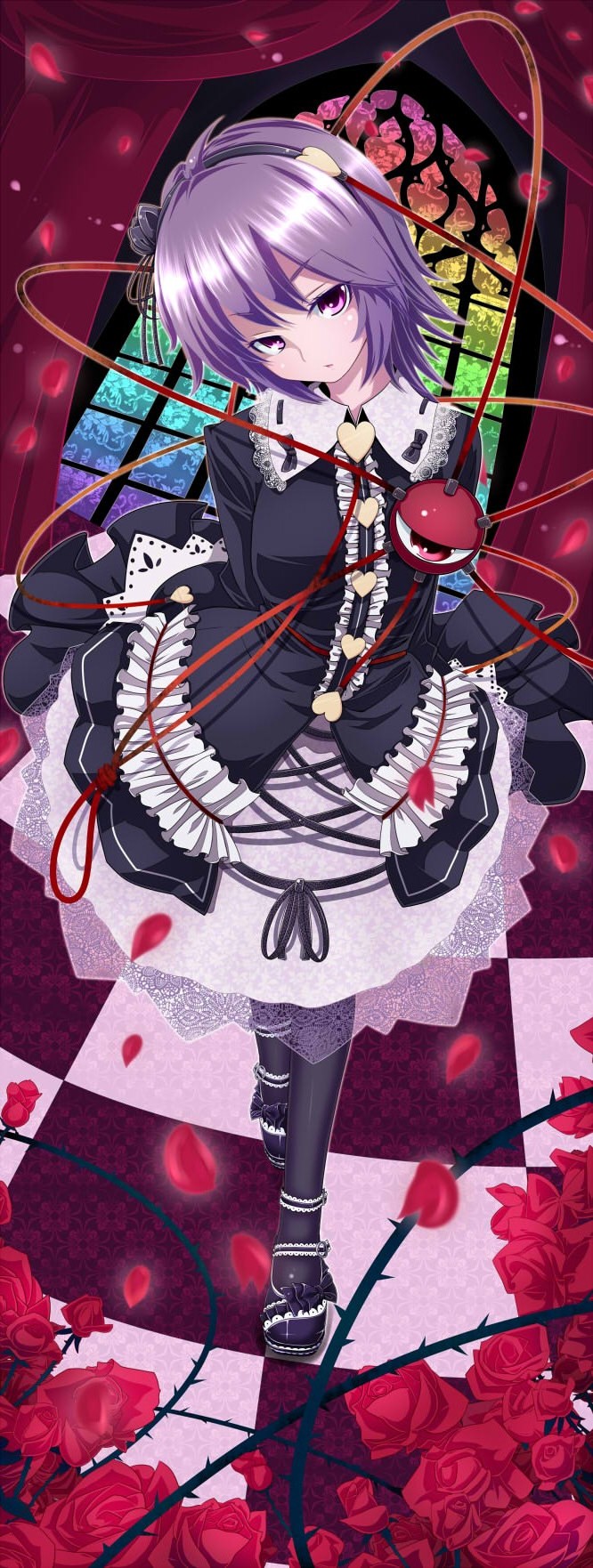 alternate_costume, arms_behind_back, checkered, checkered_floor, eyeball, flower, frills, gothic_lolita