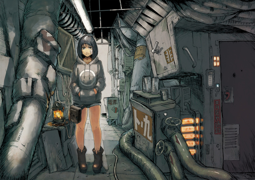1girl, absurdres, bag, bandage_on_cheek, bandaid, bandaid_on_face, black_hair, boots, cable, commentary, crosshatching, denim, denim_shorts, grey_hoodie, hands_in_pockets, hatching_(texture), highres, hood, hood_down, hoodie, industrial_pipe, lantern, original, shift96, short_hair, shorts, solo