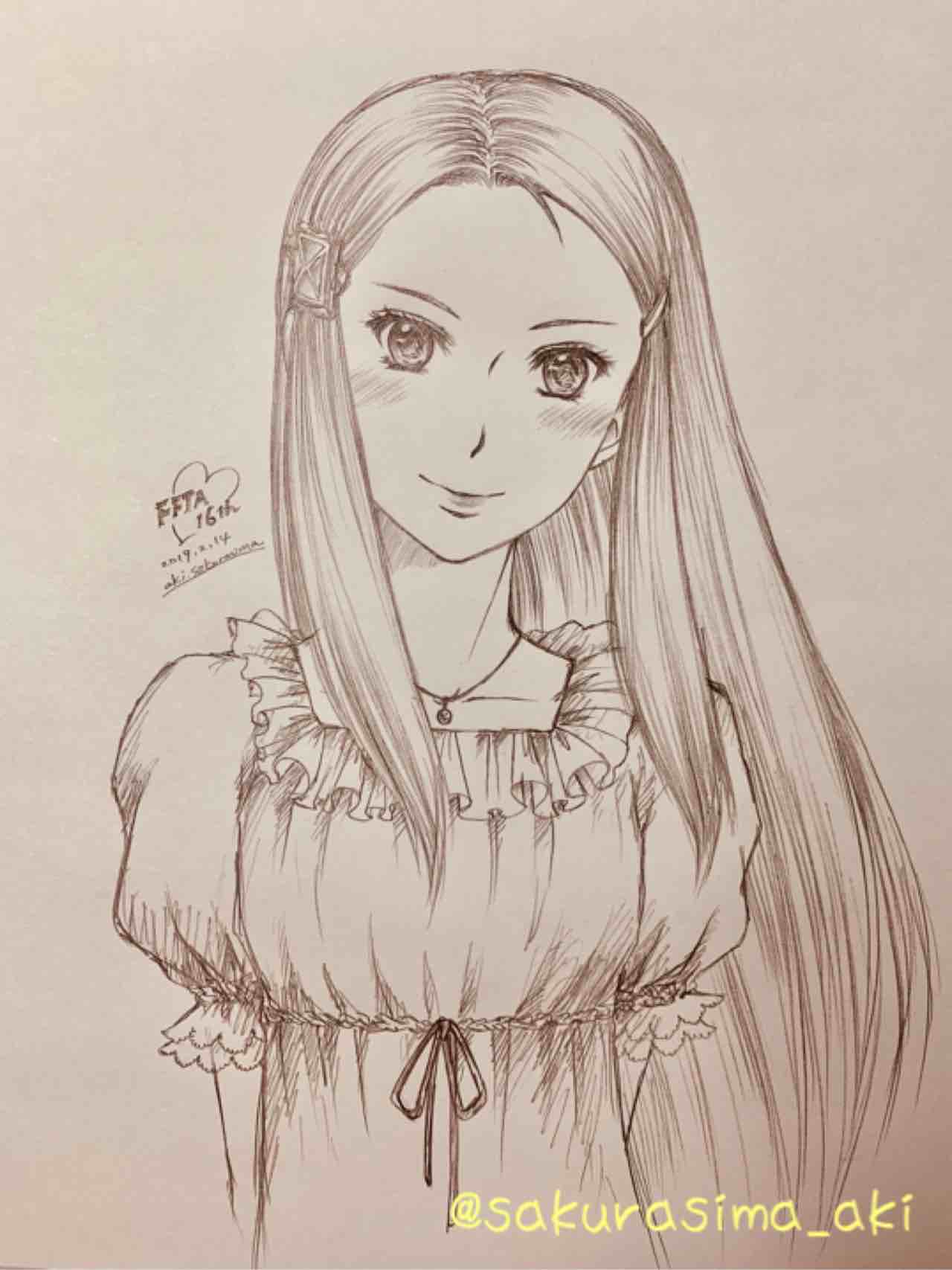 1girl, blush, closed_mouth, collarbone, dated, dress, final_fantasy, final_fantasy_tactics_advance, greyscale, hair_ornament, hairclip, highres, jewelry, lips, long_hair, looking_at_viewer, monochrome, necklace, nightgown, ritz_malheur, sakura_shima_aki, simple_background, smile, solo, twitter_username, white_background