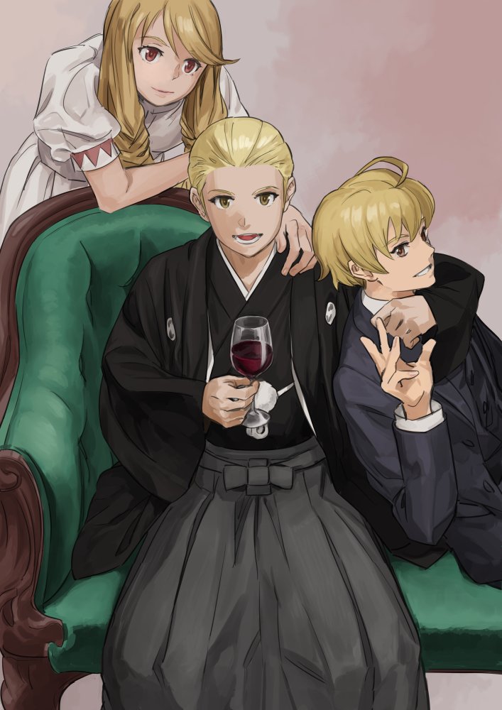 1girl, 2boys, agrias_oaks, ahoge, alternate_costume, blonde_hair, brown_eyes, closed_mouth, dress, final_fantasy, final_fantasy_tactics, japanese_clothes, long_hair, looking_at_viewer, multiple_boys, mustadio_bunansa, nakade1, open_mouth, ramza_beoulve, short_hair, sitting, smile, suit, white_dress