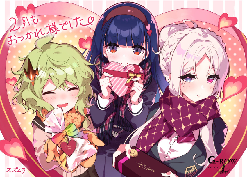 3girls, artist_name, blue_eyes, blunt_bangs, braid, brown_hairband, brown_sailor_collar, closed_mouth
