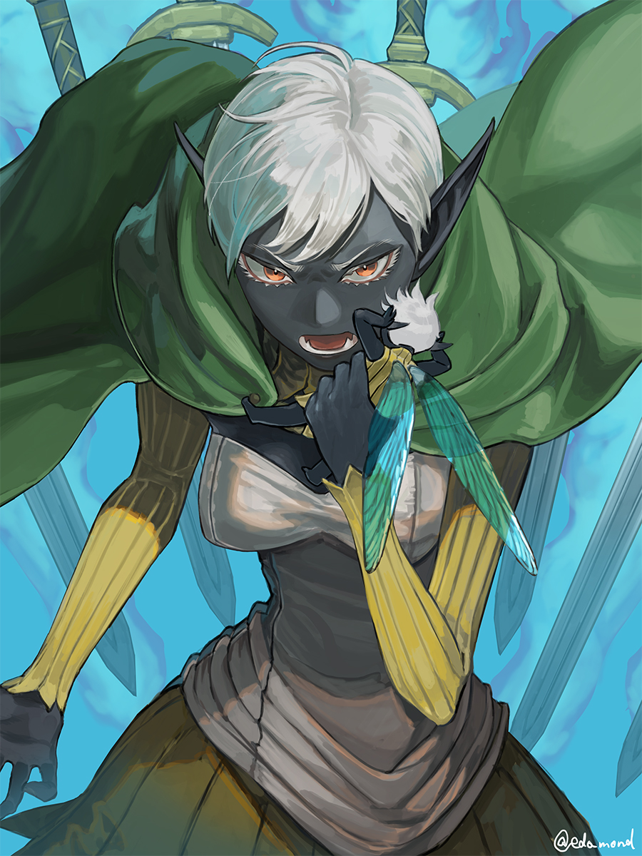 1girl, artist_name, black_skin, colored_eyelashes, colored_skin, commentary, dark-skinned_female, dark_elf, dark_skin, dungeon_meshi, edo_mond_(edoedoedomond), elf, english_commentary, fairy, fairy_(dungeon_meshi), flamela, highres, looking_at_viewer, open_mouth, pointy_ears, serious, short_hair, solo, standing, twitter_username, white_hair