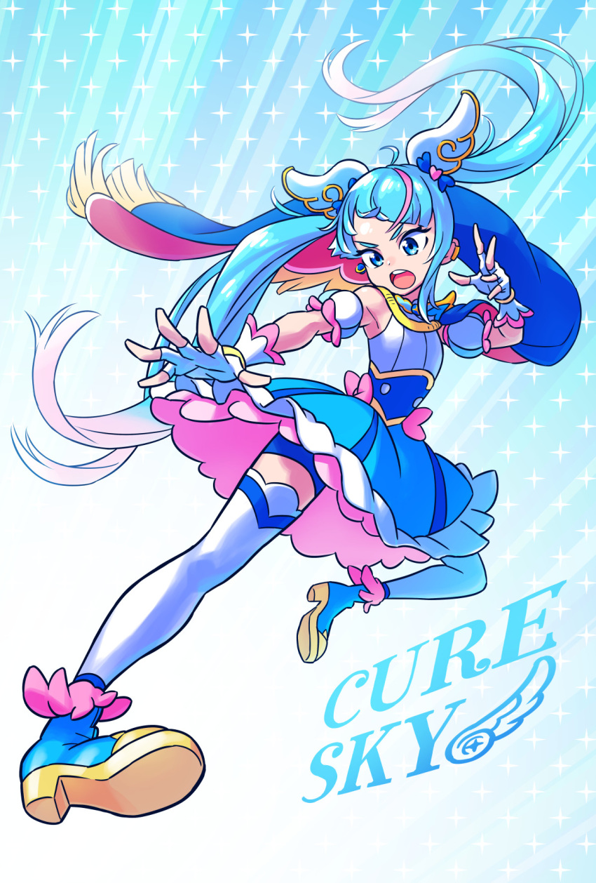 1girl, ankle_boots, bike_shorts, blue_cape, blue_dress, blue_eyes, blue_footwear, blue_hair, blue_shorts, boots, bow, brooch, cape, character_name, cure_sky, cut_bangs, detached_sleeves, dress, dress_bow, earclip, earrings, fingerless_gloves, flying_kick, frilled_dress, frills, fringe_trim, frown, gloves, gradient_hair, highres, hirogaru_sky!_precure, jewelry, kicking, long_hair, looking_to_the_side, magical_girl, multicolored_hair, open_mouth, pink_bow, pink_hair, precure, puffy_detached_sleeves, puffy_sleeves, red_cape, shirai_keita, short_dress, shorts, shorts_under_dress, single_earring, single_sidelock, sleeveless, sleeveless_dress, solo, sora_harewataru, streaked_hair, thigh-highs, twintails, two-sided_cape, two-sided_fabric, two-tone_dress, two-tone_hair, very_long_hair, white_dress, white_gloves, white_thighhighs, wing_brooch, wing_hair_ornament