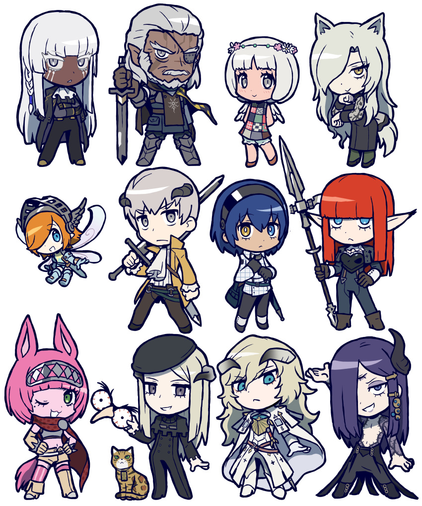 6+boys, 6+girls, absurdres, animal, animal_ears, armor, arms_up, black_gloves