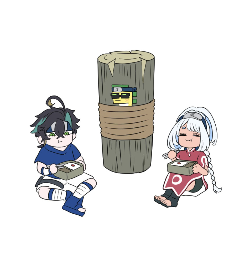 1boy, 1girl, :t, =_=, ahoge, ajaw_(genshin_impact), black_footwear, black_hair