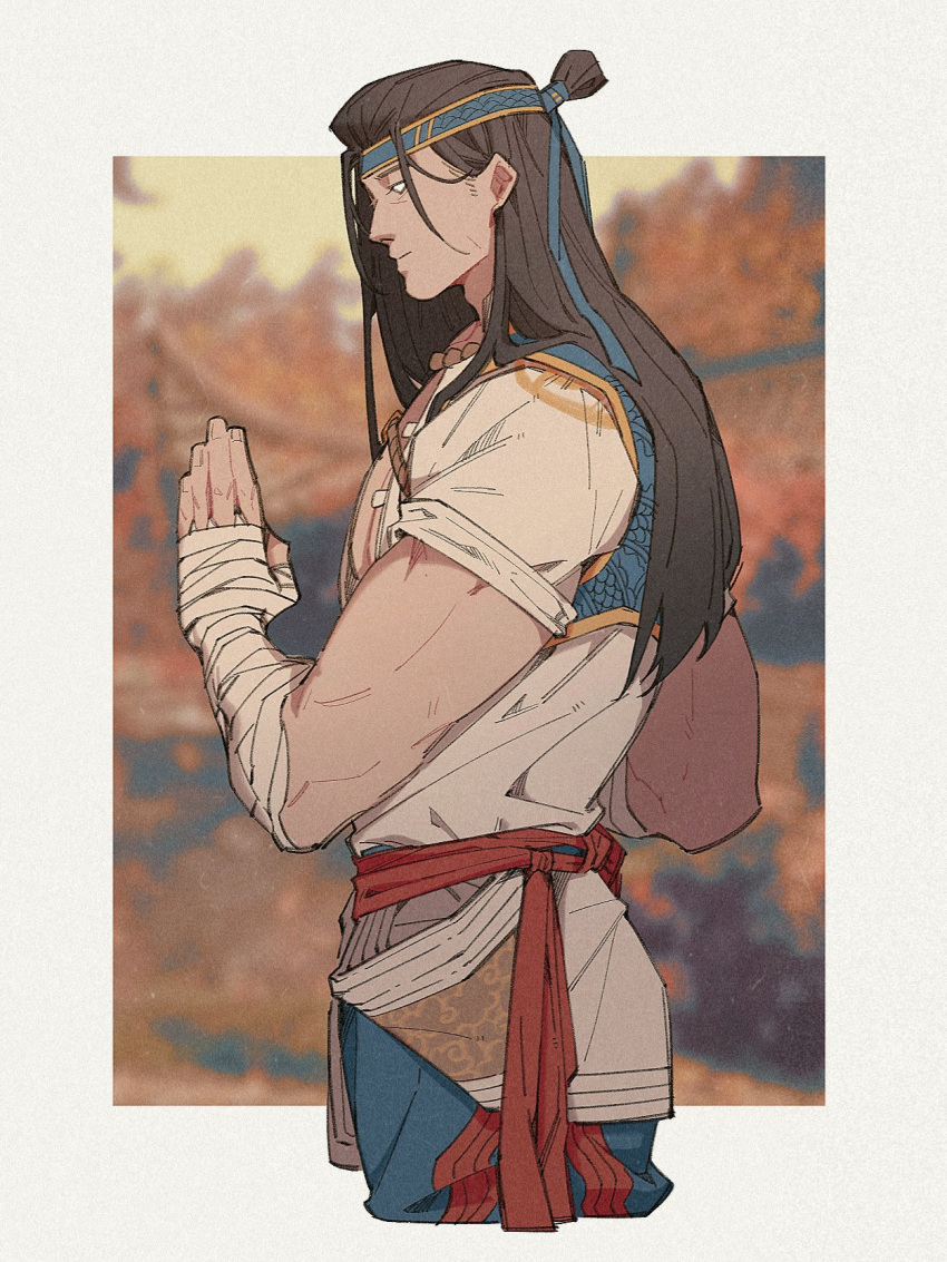 1boy, arm_up, bandaged_arm, bandages, bead_necklace, beads, black_hair, blue_headband