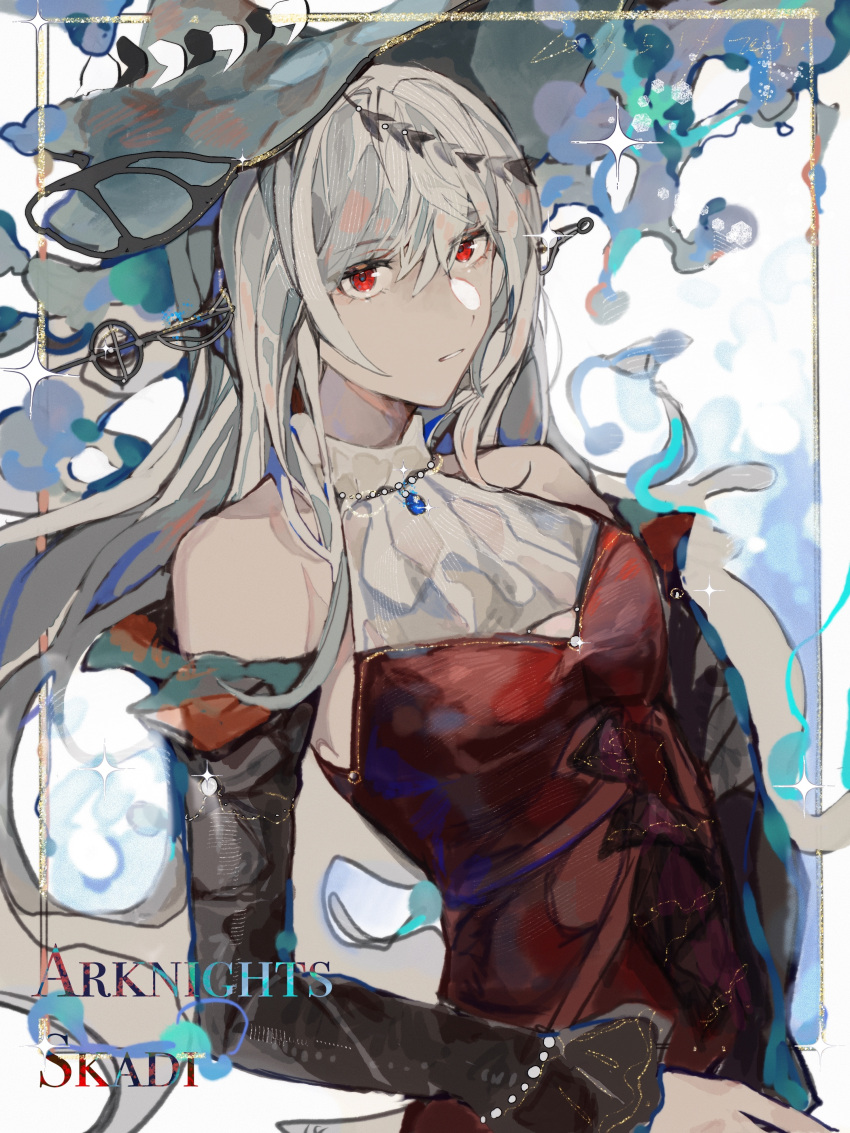 1girl, absurdres, arknights, bare_shoulders, black_sleeves, blue_hat, breasts, character_name