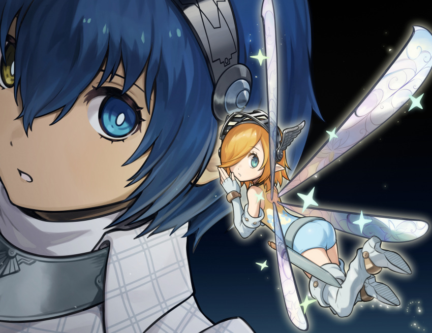 1boy, 1girl, blue_eyes, blue_hair, boots, fairy, fairy_wings, fingerless_gloves