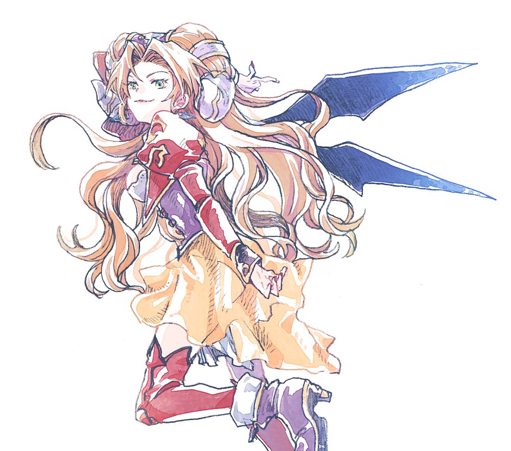 1girl, breasts, closed_mouth, corset, earrings, feet_out_of_frame, grandia, grandia_ii