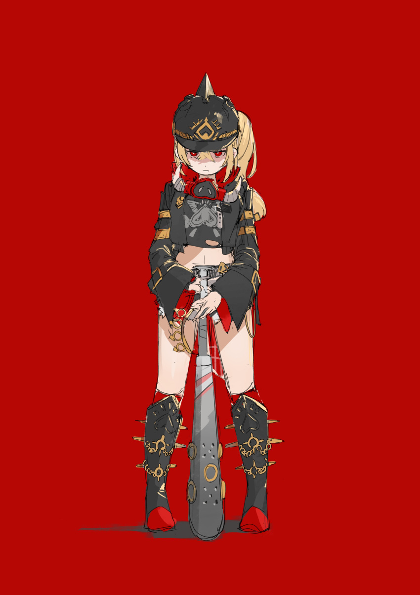 1girl, absurdres, all_fours, baseball_bat, black_footwear, black_shirt, blonde_hair, boots, closed_mouth, crop_top, cropped_jacket, full_body, hair_between_eyes, helmet, highres, holding, holding_baseball_bat, jacket, knee_boots, long_hair, long_sleeves, looking_at_viewer, luciana_de_montefio, mask, mask_around_neck, red_background, red_eyes, shirt, shorts, side_ponytail, simple_background, skyn_blue, solo, torn_clothes, wide_sleeves, zenless_zone_zero